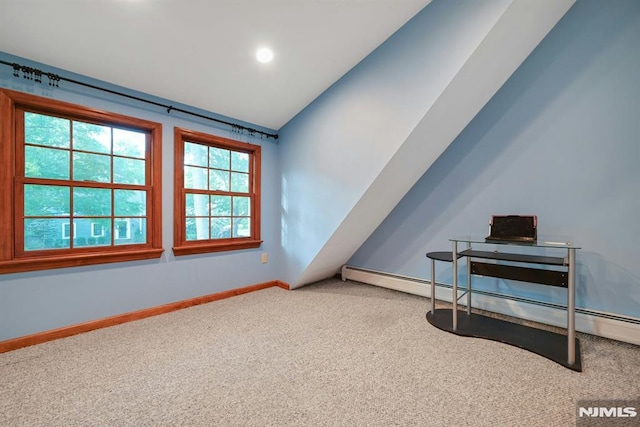 68 Birch St, Ramsey, NJ 07446 - carpeted empty room featuring baseboards, a baseboard heating unit, lofted ceiling, and recessed lighting