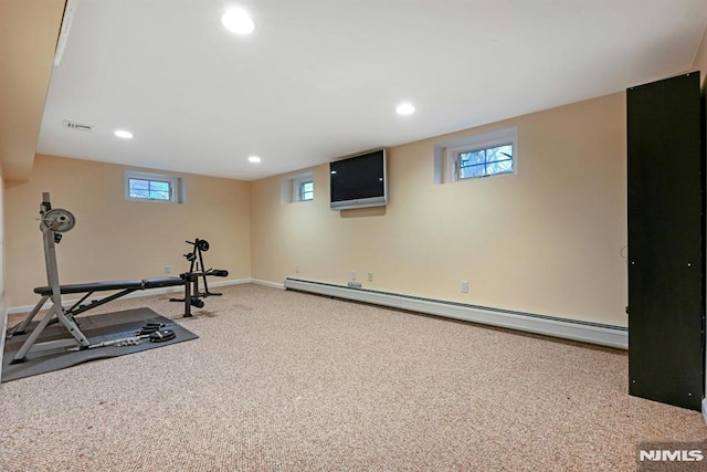 68 Birch St, Ramsey, NJ 07446 - exercise area with baseboard heating, recessed lighting, baseboards, and carpet floors