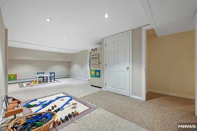 68 Birch St, Ramsey, NJ 07446 - recreation room featuring carpet floors, a baseboard radiator, baseboards, a baseboard heating unit, and recessed lighting