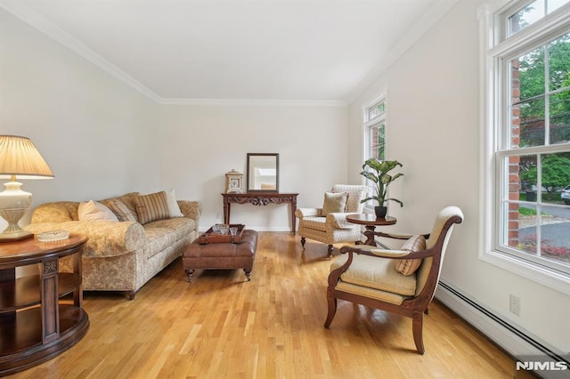 71 Louville Ave, Park Ridge, NJ 07656 - living area featuring a baseboard heating unit, light wood-style flooring, and crown molding