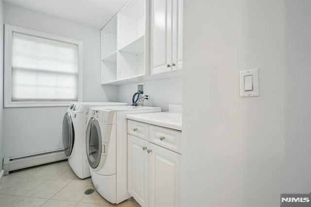 71 Louville Ave, Park Ridge, NJ 07656 - laundry room featuring baseboard heating, independent washer and dryer, light tile patterned floors, and cabinet space