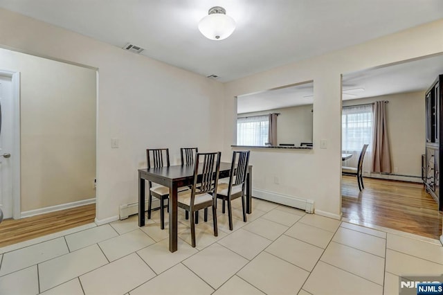 830 Pennsylvania Ave, Lyndhurst, NJ 07071 - dining space featuring a baseboard radiator, light tile patterned floors, baseboards, and ceiling fan