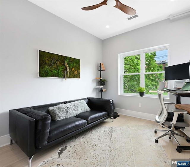 500 Hudson St Unit 2A, Hoboken, NJ 07030 - office featuring baseboards, a ceiling fan, wood finished floors, and recessed lighting