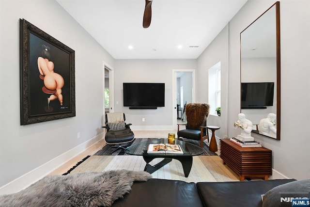500 Hudson St Unit 2A, Hoboken, NJ 07030 - living room featuring baseboards, a ceiling fan, and recessed lighting