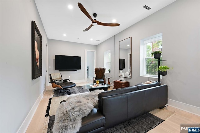 500 Hudson St Unit 2A, Hoboken, NJ 07030 - living room with light wood-style floors, ceiling fan, recessed lighting, and baseboards