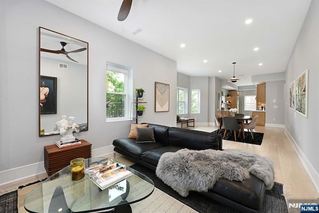 500 Hudson St Unit 2A, Hoboken, NJ 07030 - living area featuring a ceiling fan, light wood-type flooring, recessed lighting, and baseboards