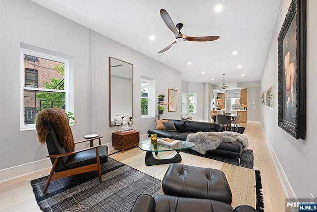 500 Hudson St Unit 2A, Hoboken, NJ 07030 - living room featuring light wood finished floors, a ceiling fan, recessed lighting, and baseboards