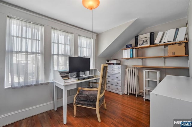 11 Harrington St, Hillsdale, NJ 07642 - office area featuring radiator, wood finished floors, and lofted ceiling