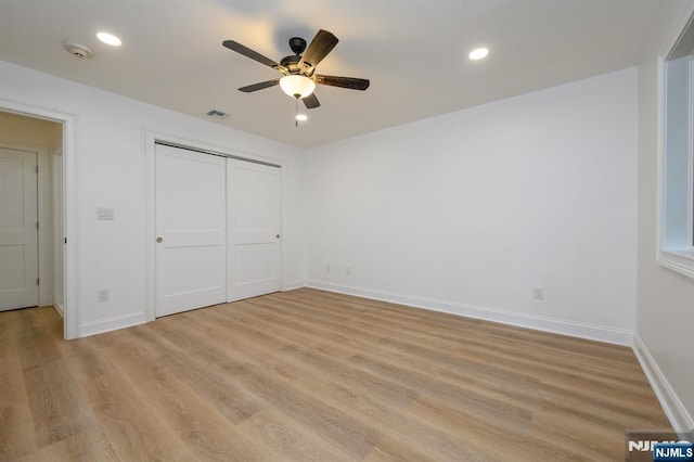 3 Bradshaw Ct Unit 509, Hillsdale, NJ 07642 - unfurnished bedroom featuring baseboards, light wood finished floors, a closet, recessed lighting, and a ceiling fan
