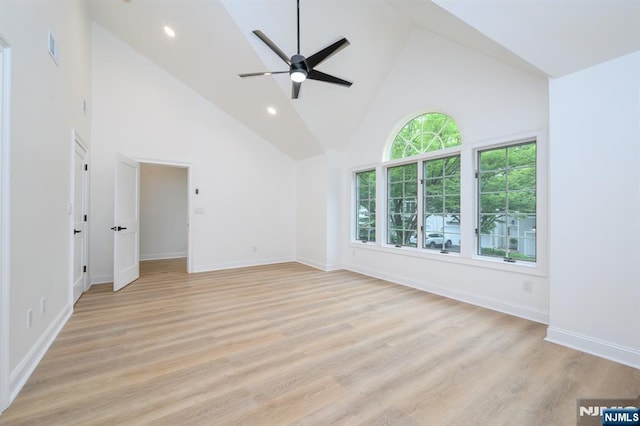 3 Bradshaw Ct Unit 509, Hillsdale, NJ 07642 - empty room featuring high vaulted ceiling, a ceiling fan, baseboards, light wood-style floors, and recessed lighting
