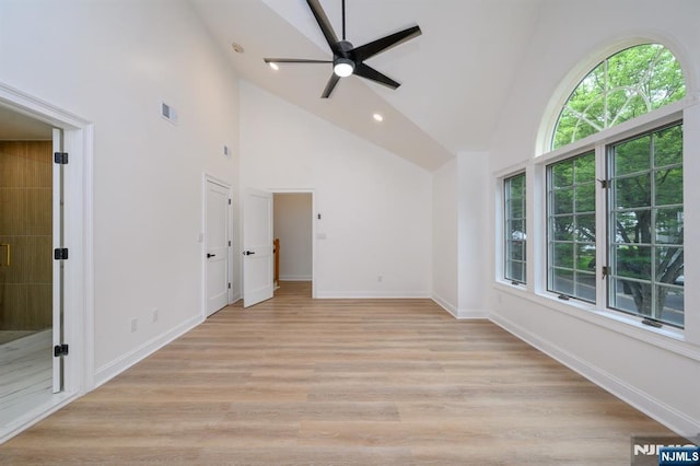 3 Bradshaw Ct Unit 509, Hillsdale, NJ 07642 - unfurnished living room featuring high vaulted ceiling, a ceiling fan, baseboards, light wood-type flooring, and recessed lighting