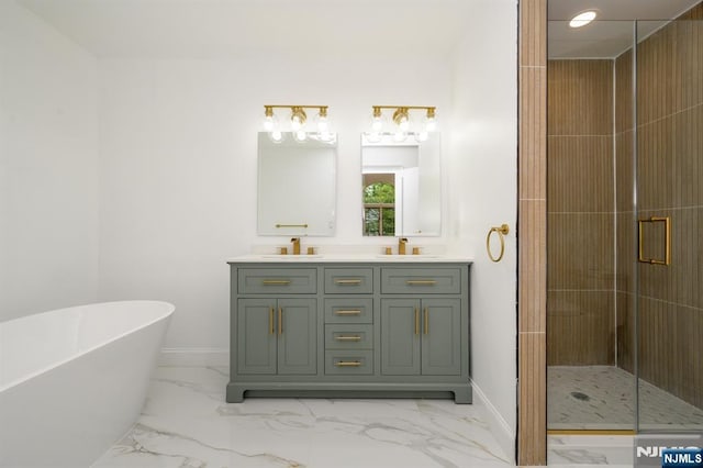 3 Bradshaw Ct Unit 509, Hillsdale, NJ 07642 - full bathroom with double vanity, a stall shower, a freestanding tub, and baseboards