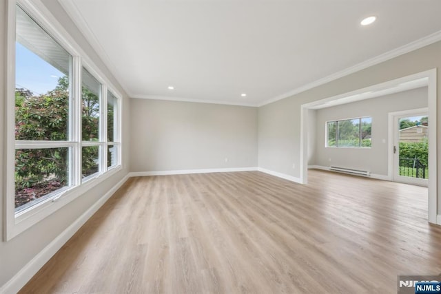 444 Black Oak Ridge Rd, Wayne, NJ 07470 - spare room featuring baseboards, light wood finished floors, baseboard heating, recessed lighting, and ornamental molding