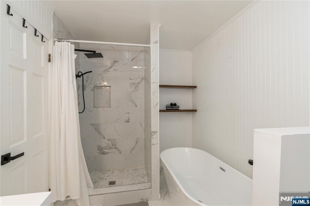 62 Valley Rd, Glen Rock, NJ 07452 - full bath with a marble finish shower, marble look tile flooring, and a freestanding tub