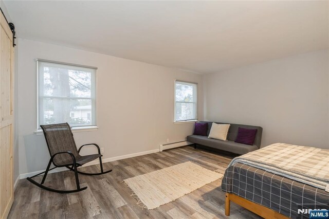 62 Valley Rd, Glen Rock, NJ 07452 - bedroom featuring wood finished floors, a baseboard heating unit, baseboards, and a barn door