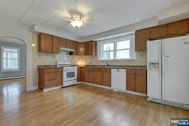 128 Prospect, Midland Park, NJ 07432 - kitchen featuring white appliances, a baseboard radiator, light wood-style floors, brown cabinetry, and a drop ceiling