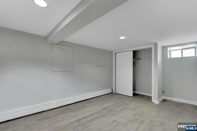 128 Prospect, Midland Park, NJ 07432 - unfurnished bedroom with a baseboard heating unit, wood finished floors, baseboards, a closet, and recessed lighting