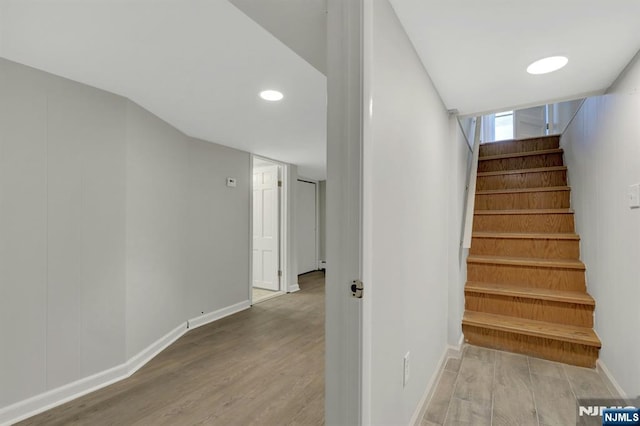 128 Prospect, Midland Park, NJ 07432 - stairs featuring wood finished floors, baseboards, and recessed lighting