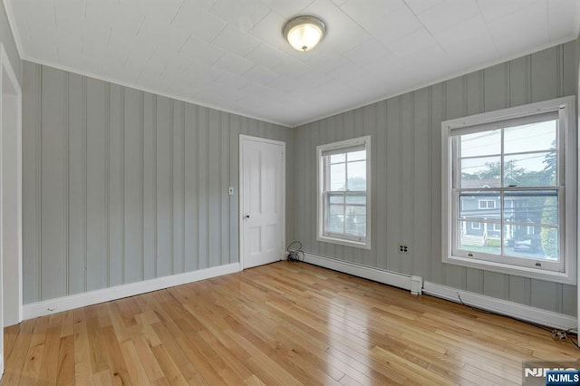 128 Prospect, Midland Park, NJ 07432 - empty room featuring light wood finished floors, a baseboard heating unit, ornamental molding, and baseboards