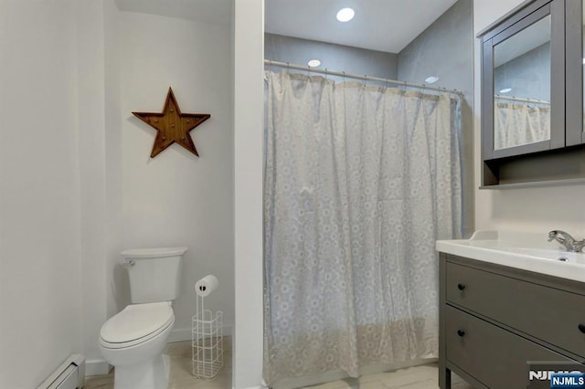 128 Prospect, Midland Park, NJ 07432 - full bath with a baseboard heating unit, vanity, toilet, baseboards, and a shower with shower curtain