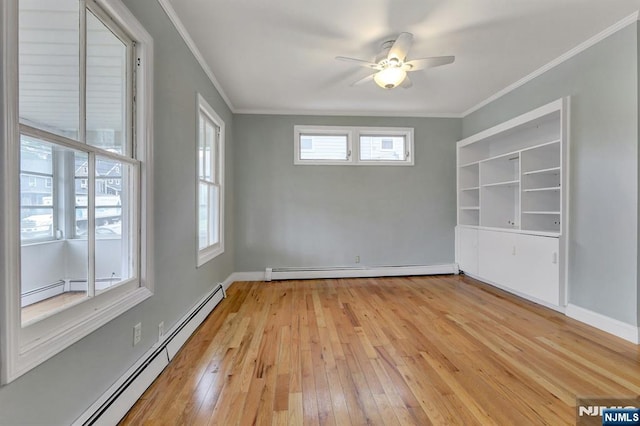 128 Prospect, Midland Park, NJ 07432 - unfurnished room with a baseboard radiator, light wood-style flooring, ornamental molding, ceiling fan, and plenty of natural light