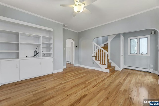 128 Prospect, Midland Park, NJ 07432 - unfurnished living room featuring a baseboard radiator, arched walkways, light wood-style floors, ceiling fan, and stairway