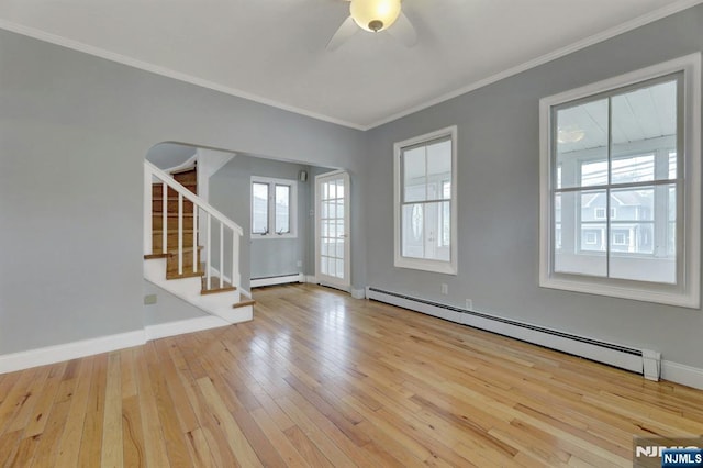 128 Prospect, Midland Park, NJ 07432 - unfurnished room with a baseboard radiator, ceiling fan, hardwood / wood-style floors, stairway, and baseboard heating