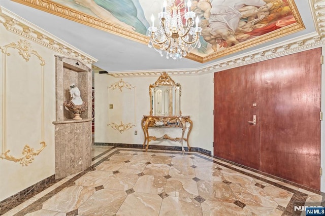 1512 Palisade Ave Unit 18J, Fort Lee, NJ 07024 - entryway with inlaid floor details, a chandelier, ornamental molding, and baseboards