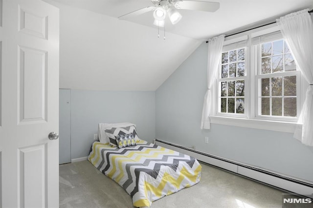 101 Pasadena Pl, Hawthorne, NJ 07506 - bedroom with baseboard heating, lofted ceiling, carpet, multiple windows, and ceiling fan