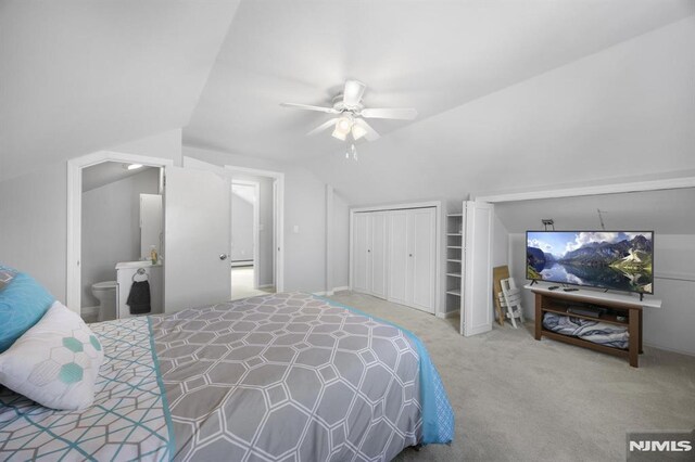 101 Pasadena Pl, Hawthorne, NJ 07506 - carpeted bedroom featuring lofted ceiling, a ceiling fan, and ensuite bath