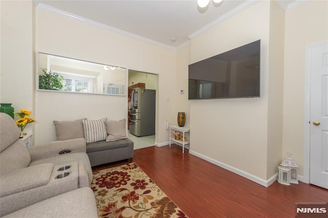 4310 Newkirk Ave, North Bergen, NJ 07047 - living area featuring ornamental molding, wood finished floors, and baseboards