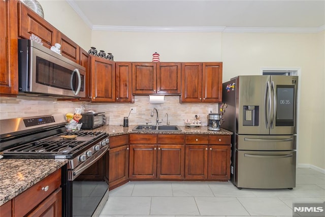 4310 Newkirk Ave, North Bergen, NJ 07047 - kitchen with appliances with stainless steel finishes, a sink, stone countertops, ornamental molding, and backsplash