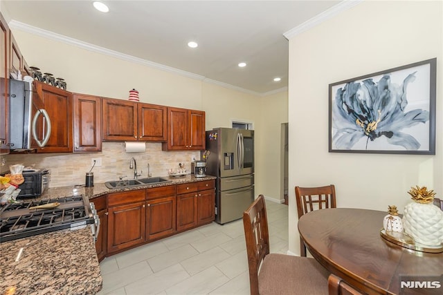 4310 Newkirk Ave, North Bergen, NJ 07047 - kitchen with stainless steel appliances, a sink, decorative backsplash, light tile patterned floors, and crown molding