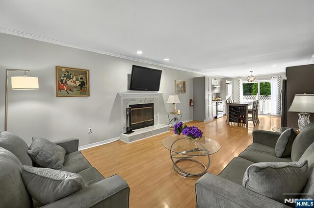 114 Summit Cross, Rutherford, NJ 07070 - living room featuring ornamental molding, light wood-type flooring, a premium fireplace, recessed lighting, and baseboards