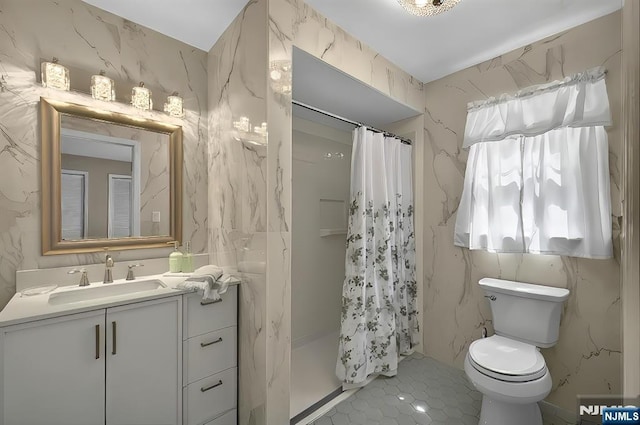 114 Summit Cross, Rutherford, NJ 07070 - bathroom featuring vanity, toilet, a shower stall, tile walls, and tile patterned floors