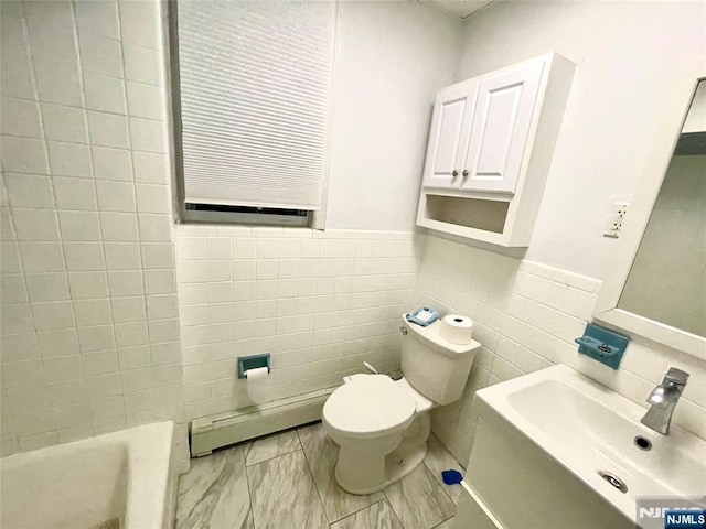 208 Wayne Ave, Cliffside Park, NJ 07010 - full bathroom with toilet, baseboard heating, tile walls, vanity, and a tub