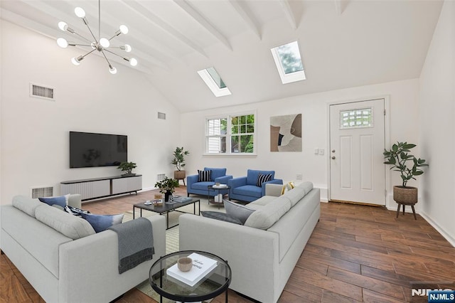 41 Oakland Ave, Westwood, NJ 07675 - living area featuring a skylight, dark wood finished floors, a chandelier, and baseboards
