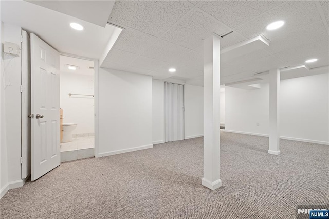 41 Oakland Ave, Westwood, NJ 07675 - finished below grade area with carpet flooring, recessed lighting, baseboards, and a drop ceiling