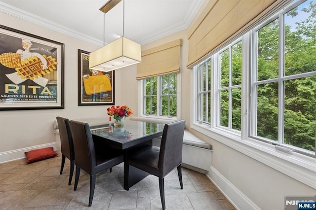 511 Bellaire Dr, Demarest, NJ 07627 - dining room featuring baseboards, crown molding, and stone finish floors