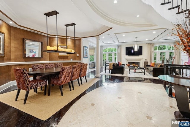 511 Bellaire Dr, Demarest, NJ 07627 - dining area with healthy amount of natural light, decorative columns, recessed lighting, ornamental molding, and french doors