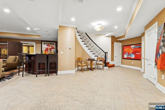 511 Bellaire Dr, Demarest, NJ 07627 - entrance foyer featuring crown molding, stairs, baseboards, a raised ceiling, and recessed lighting