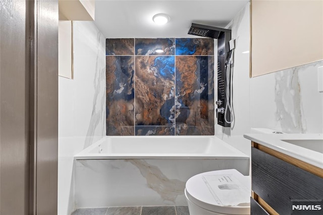 99 W 50th St, Bayonne, NJ 07002 - bathroom with toilet, a combined bath / shower with marble appearance, and vanity