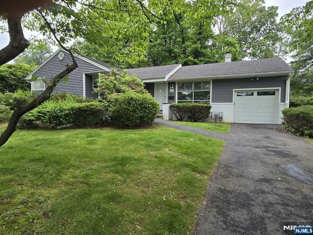 195 Concord Dr, Paramus, NJ 07652 - ranch-style home featuring an attached garage, a front lawn, asphalt driveway, and a chimney