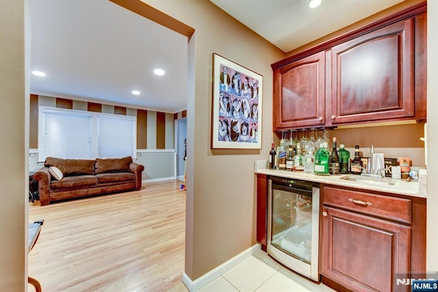 25 Fern Ter, Wayne, NJ 07470 - indoor bar with wine cooler, baseboards, recessed lighting, and light wood-style floors