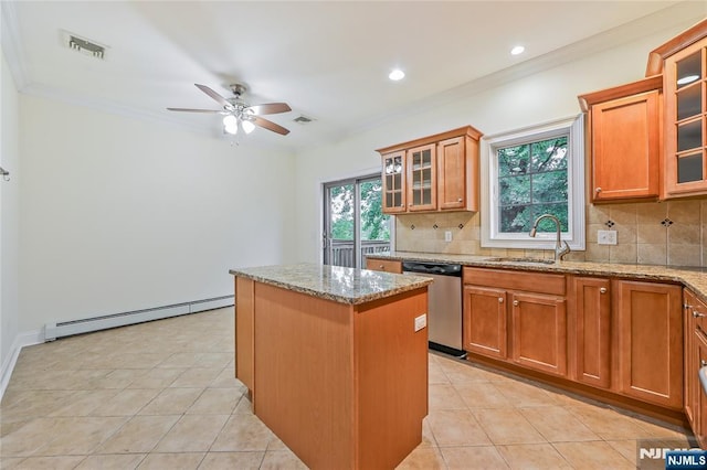 445B 7th St Unit B, Palisades Park, NJ 07650 - kitchen with dishwasher, a baseboard heating unit, a center island, a ceiling fan, and backsplash