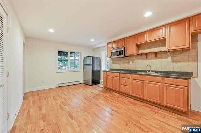 445B 7th St Unit B, Palisades Park, NJ 07650 - kitchen with appliances with stainless steel finishes, a baseboard heating unit, light wood-style flooring, tasteful backsplash, and recessed lighting