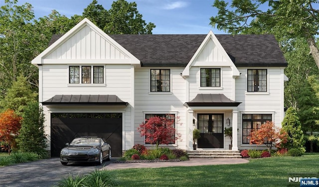 26 Gaynor Pl, Glen Rock, NJ 07452 - modern inspired farmhouse featuring a standing seam roof, board and batten siding, driveway, and a garage