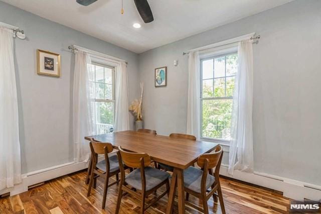 129 Phelps Ave, Englewood, NJ 07631 - dining room featuring healthy amount of natural light, wood finished floors, ceiling fan, and recessed lighting
