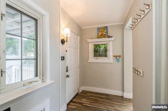 129 Phelps Ave, Englewood, NJ 07631 - doorway to outside with dark wood-style flooring, baseboards, and crown molding