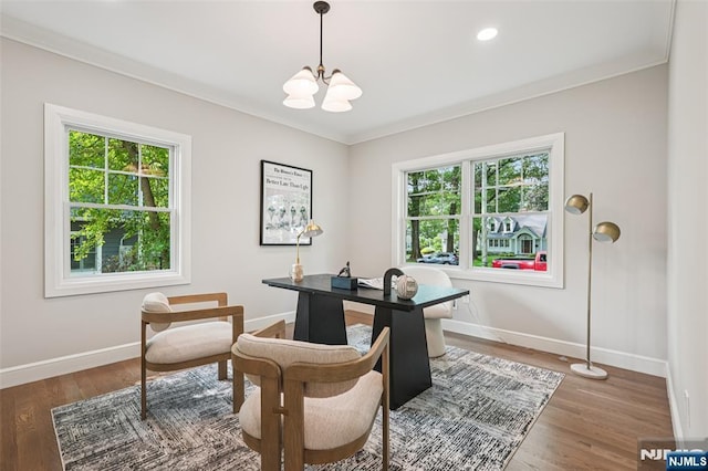 107 Rutland Rd, Glen Rock, NJ 07452 - office with a chandelier, plenty of natural light, baseboards, crown molding, and wood finished floors